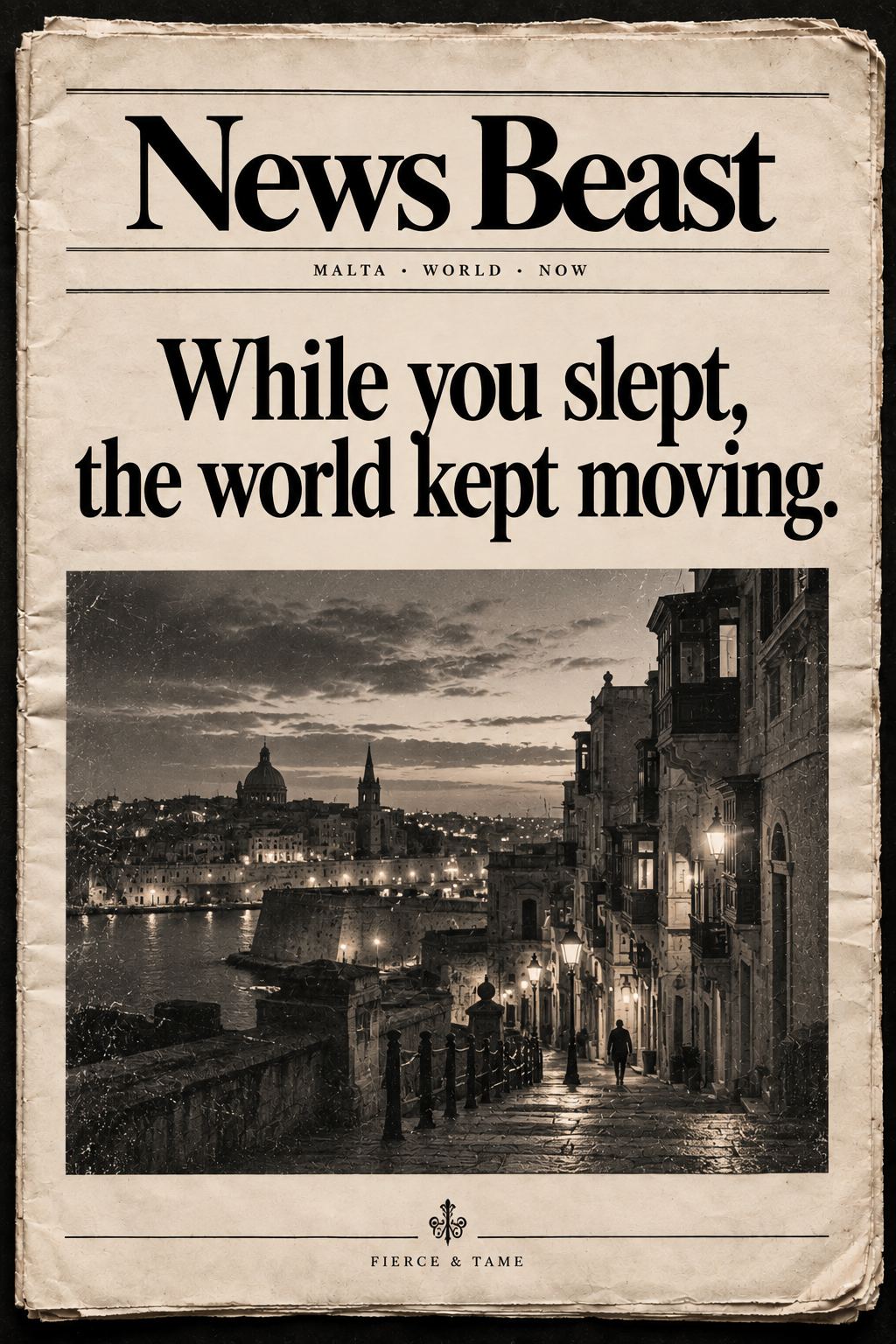 News Beast newspaper front page: While you slept, the world kept moving